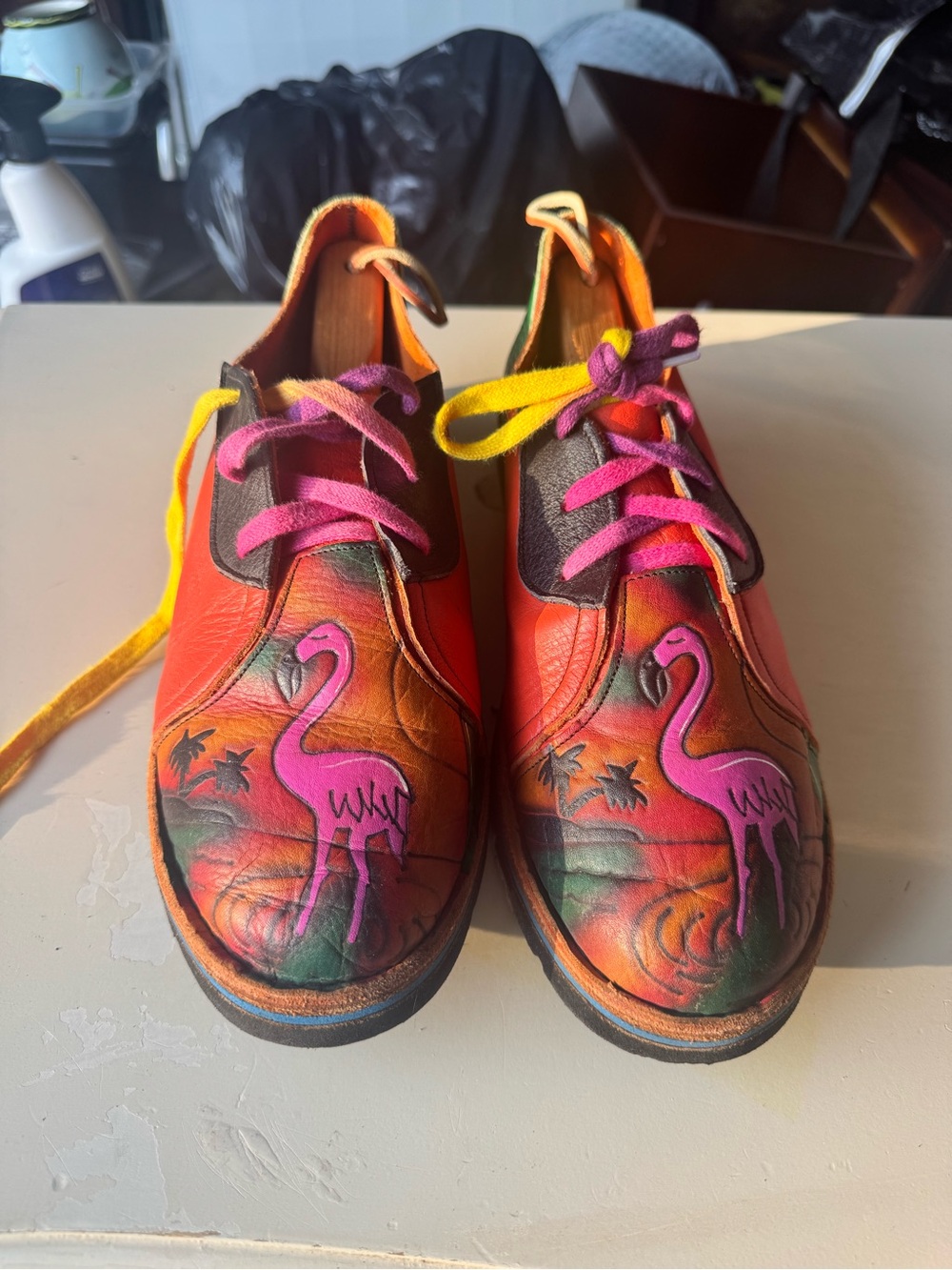 Colorful Flamingo Leather Sneakers - Pink & Orange